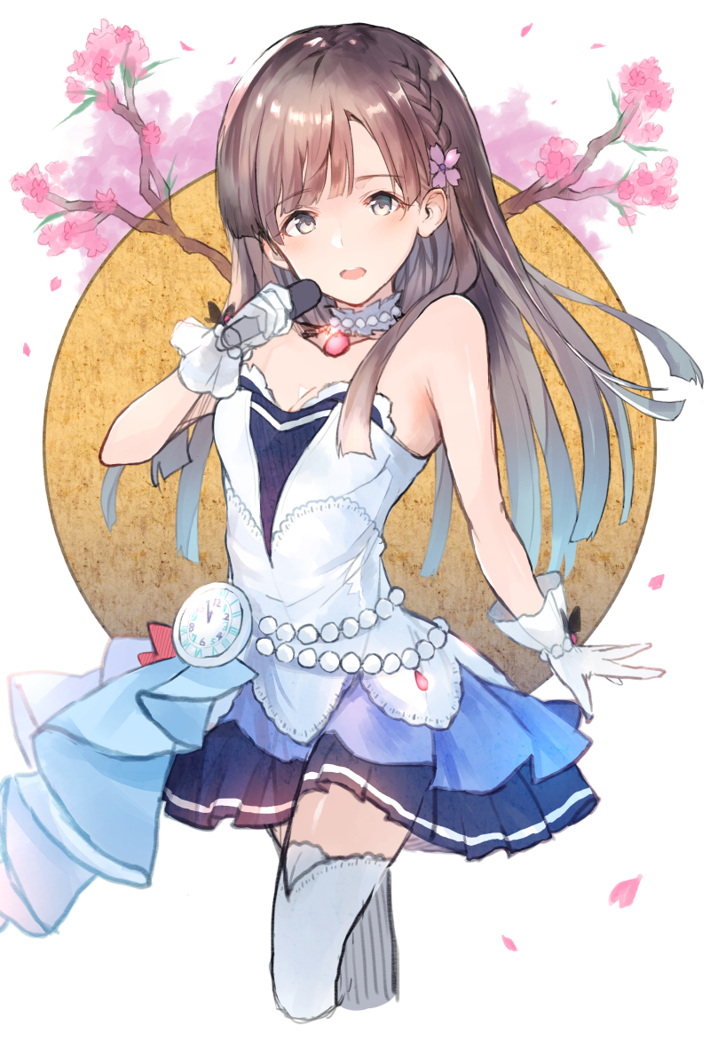 1girl bangs blue_skirt blunt_bangs breasts brown_hair choker cleavage cropped_legs floating_hair flower gloves green_eyes hair_flower hair_ornament holding holding_microphone idolmaster idolmaster_cinderella_girls kobayakawa_sae long_hair medium_breasts microphone miniskirt open_mouth petals pink_flower pleated_skirt simple_background sketch skirt sleeveless solo standing starry_sky_bright strapless thigh-highs ultone_(neisiss) white_background white_gloves white_legwear zettai_ryouiki