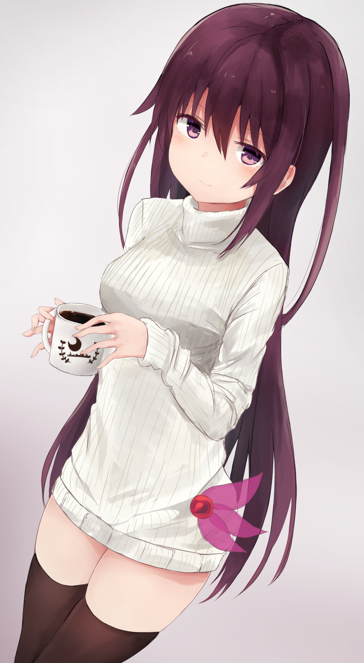 1girl alternate_costume bangs black_legwear blush breasts coffee cowboy_shot crescent cup dutch_angle eyebrows_visible_through_hair grey_background hair_between_eyes highres holding holding_cup kantai_collection kisaragi_(kantai_collection) light_smile long_hair long_sleeves looking_at_viewer medium_breasts purple_hair ribbed_sweater simple_background solo standing sweater thigh-highs turtleneck turtleneck_sweater very_long_hair violet_eyes yuki_(yukin0128)