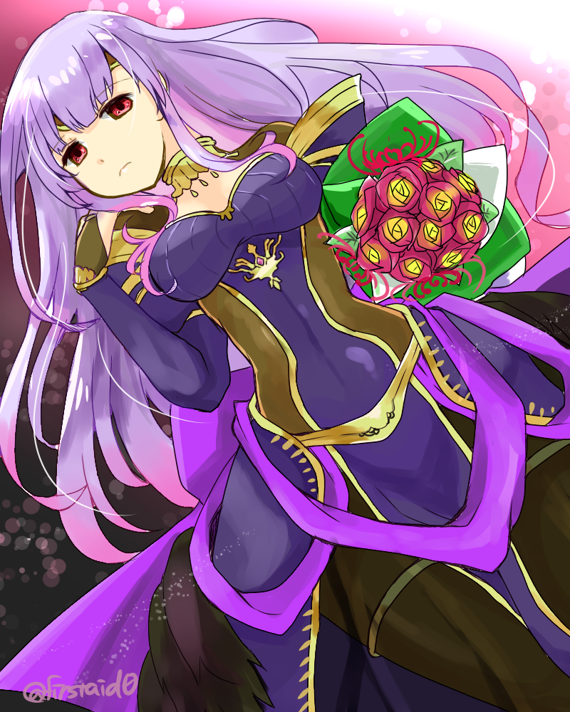 1girl alternate_costume bodysuit bouquet bridal_gauntlets bride circlet corruption dark_bride dark_persona dress fire_emblem fire_emblem:_kakusei fire_emblem:_seisen_no_keifu fire_emblem_heroes flower lavender_hair long_hair red_eyes solo tharja yukia_(firstaid0) yuria_(fire_emblem)