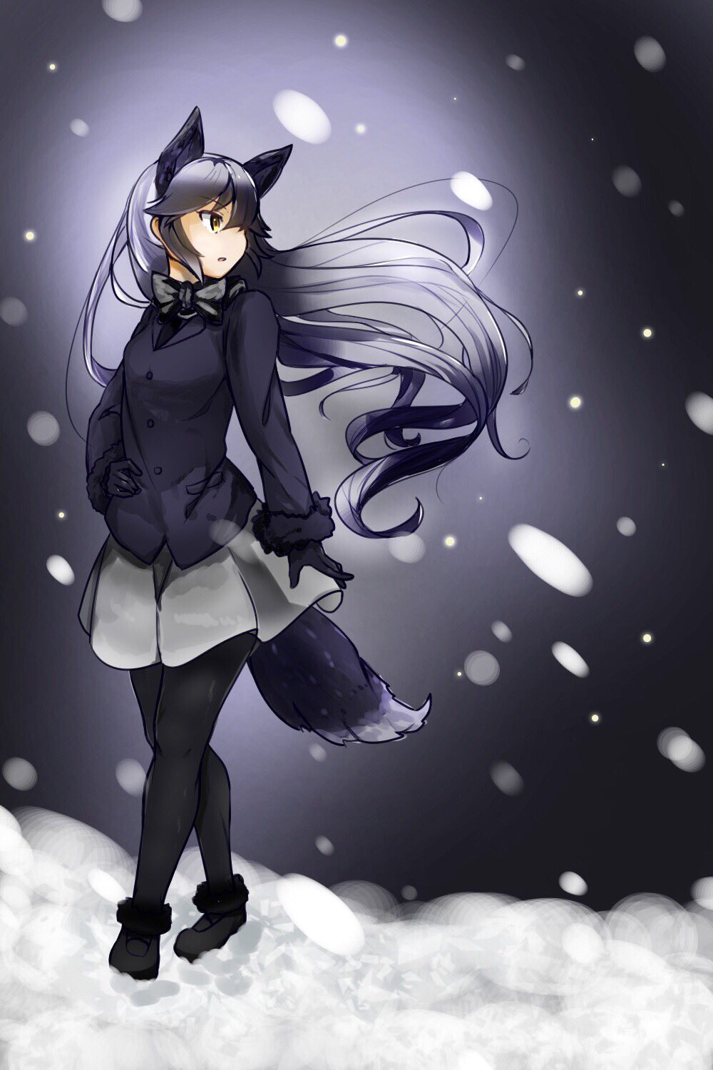 1girl animal_ears ass black_footwear black_gloves black_jacket black_legwear black_neckwear bow bowtie extra_ears eyebrows_visible_through_hair fox_ears fox_tail full_body fur_trim gloves grey_skirt hand_on_hip highres jacket kemono_friends long_hair long_sleeves looking_to_the_side miniskirt necktie silver_fox_(kemono_friends) silver_hair skirt snow snowing solo tail tamiku_(shisyamo609) thigh-highs very_long_hair yellow_eyes