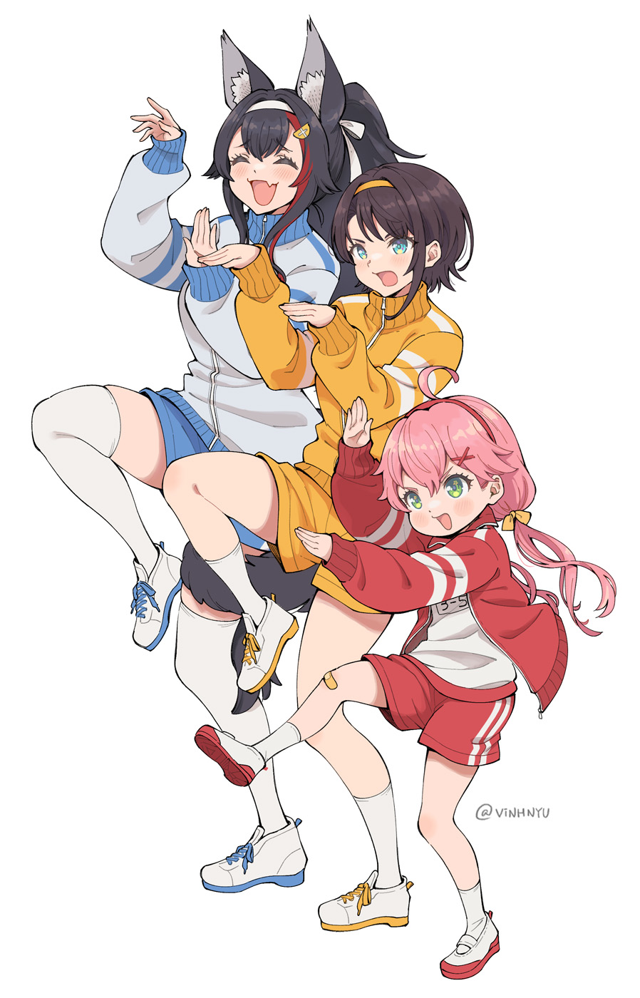 3girls animal_ear_fluff animal_ears bandaid bandaid_on_knee bandaid_on_leg bangs black_hair blue_eyes blush closed_eyes fang fighting_stance flipped_hair gym hair_between_eyes hair_ornament hairband highres hololive jacket leg_up long_hair long_sleeves multicolored_hair multiple_girls ookami_mio oozora_subaru open_mouth parody pink_hair ponytail pose red_jacket redhead sakura_miko shirt shoes short_hair shorts simple_background skindentation smile socks standing standing_on_one_leg streaked_hair swept_bangs tail tail_around_leg tail_wrap thigh-highs thighhighs track_jacket twintails vinhnyu virtual_youtuber white_background white_footwear white_legwear white_socks white_thighhighs wolf_ears wolf_girl wolf_tail yellow_jacket yotsubato! yotsubato!_pose