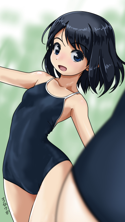 1girl artist_name black_eyes black_hair blue_swimsuit blurry competition_school_swimsuit cowboy_shot depth_of_field flat_chest green_background looking_at_viewer open_mouth original rohitsuka school_swimsuit short_hair smile solo swimsuit