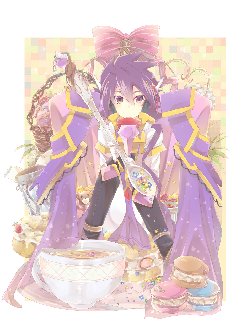 1boy basket black_footwear boots bow candy candy_cane cape checkered checkered_background cup dessert flower food gloves heart highres jacket long_sleeves pink_bow plant purple_cape purple_hair rento_(rukeai) saikyou_ginga_ultimate_zero_~battle_spirits~ solo spiky_hair spoon star stuffed_animal stuffed_toy tea teacup teaspoon teddy_bear violet_eyes white_gloves white_jacket zero_the_flash