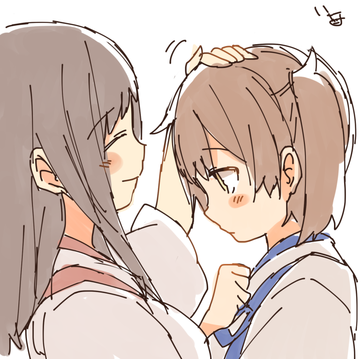 2girls akagi_(kantai_collection) artist_name blush brown_eyes brown_hair closed_eyes closed_mouth eyebrows_visible_through_hair from_side hand_on_another's_head ina_(1813576) japanese_clothes kaga_(kantai_collection) kantai_collection kimono long_hair multiple_girls petting sidelocks signature simple_background smile tasuki upper_body white_background white_kimono