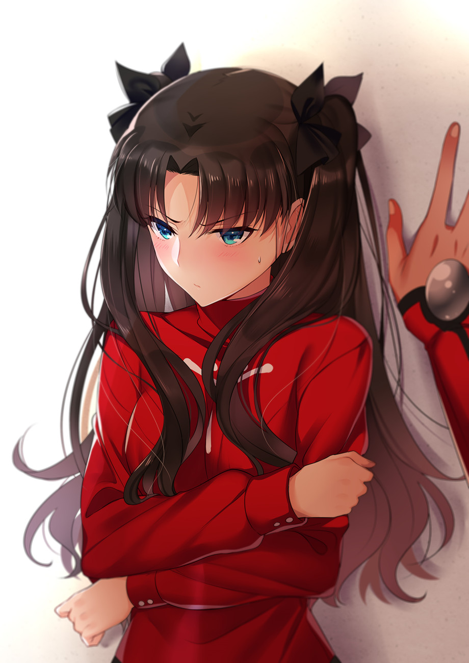 1boy 1girl archer black_hair black_ribbon blue_eyes blush fate/stay_night fate_(series) hair_ribbon highres long_hair looking_away red_sweater ribbon sweatdrop sweater tohsaka_rin twintails wall_slam yaoshi_jun