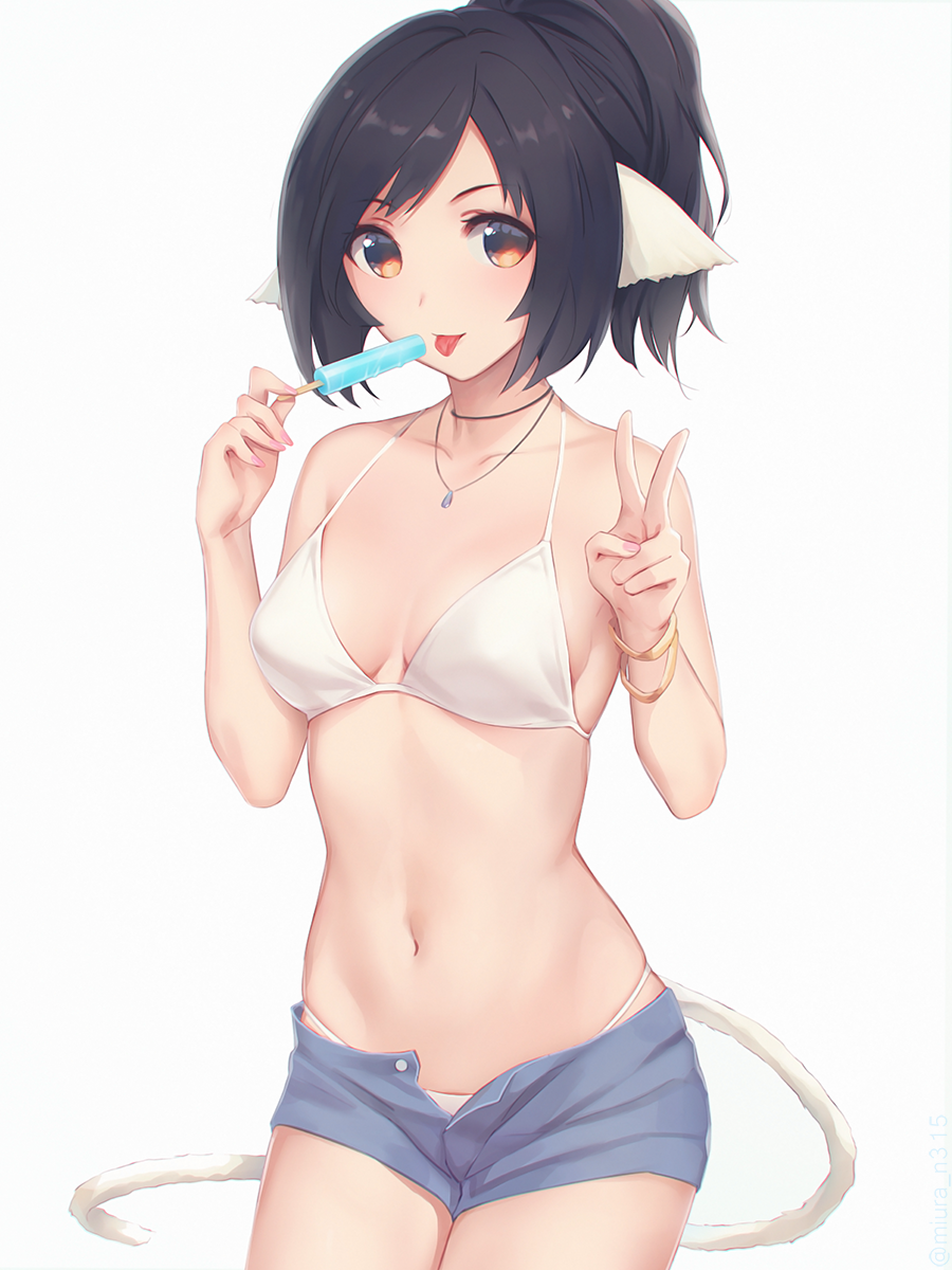 1girl animal_ears bikini bikini_under_clothes black_hair bracelet breasts brown_eyes choker eyebrows_visible_through_hair food highres jewelry kuon_(utawareru_mono) looking_at_viewer medium_breasts miura-n315 navel pendant popsicle short_hair short_ponytail short_shorts shorts solo standing swimsuit tail tongue tongue_out utawareru_mono utawareru_mono:_itsuwari_no_kamen v white_background white_bikini