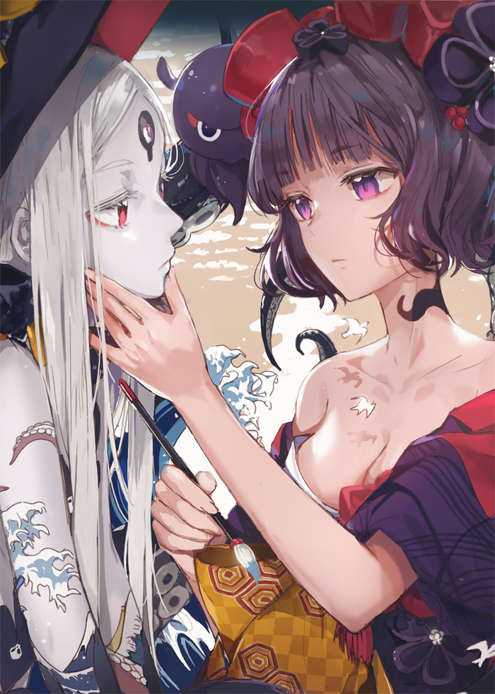 2girls abigail_williams_(fate/grand_order) animal bangs bare_shoulders black_hat black_kimono bodypaint bow breasts calligraphy_brush cleavage closed_mouth collarbone dangmill eye_contact eyebrows_visible_through_hair fate/grand_order fate_(series) fine_art_parody hair_ornament hairpin hand_on_another's_face hand_up hat holding holding_paintbrush japanese_clothes katsushika_hokusai_(fate/grand_order) keyhole kimono long_hair looking_at_another medium_breasts multiple_girls nihonga obi octopus off_shoulder orange_bow paintbrush pale_skin parody parted_bangs polka_dot polka_dot_bow print_kimono profile purple_hair purple_kimono red_eyes sash suction_cups tattoo tentacle third_eye ukiyo-e upper_body very_long_hair violet_eyes waves white_hair white_skin witch_hat