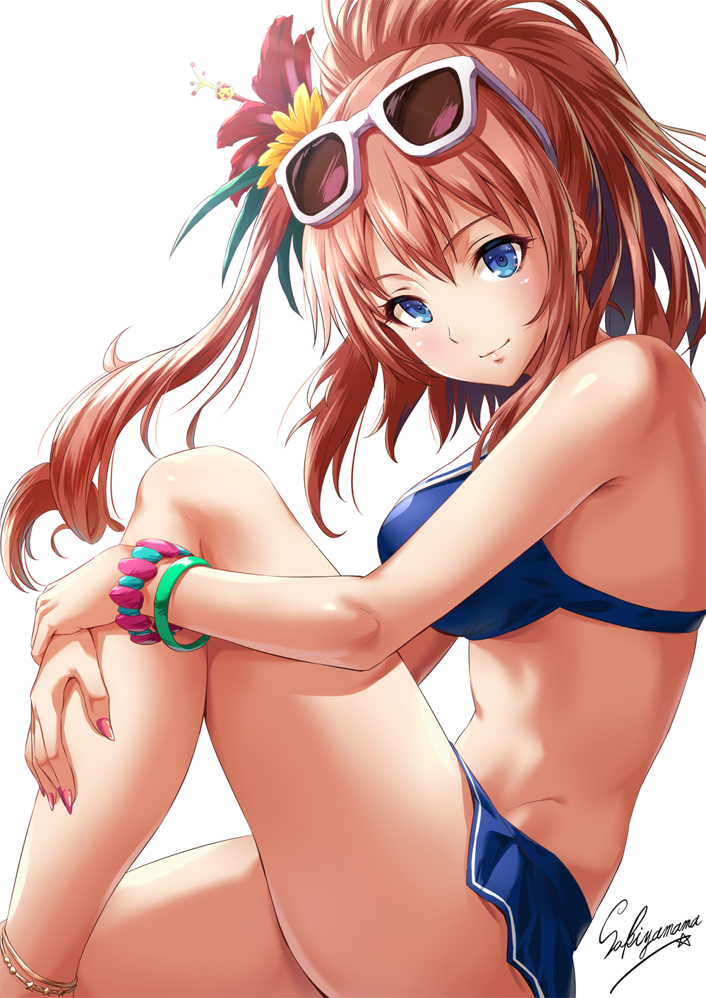 1girl anklet artist_name bikini bikini_skirt blue_bikini blue_eyes blush bracelet breasts eyewear_on_head fingernails flower hair_between_eyes hair_flower hair_ornament hands_on_own_leg highres jewelry kantai_collection large_breasts lens_flare lips long_fingernails long_hair looking_at_viewer nail_polish ocean one_leg_raised pink_nails ponytail sakiyamama saratoga_(kantai_collection) shiny shiny_skin side_ponytail sidelocks simple_background sitting skirt smile solo sparkle striped striped_skirt sun sunglasses swimsuit white_background