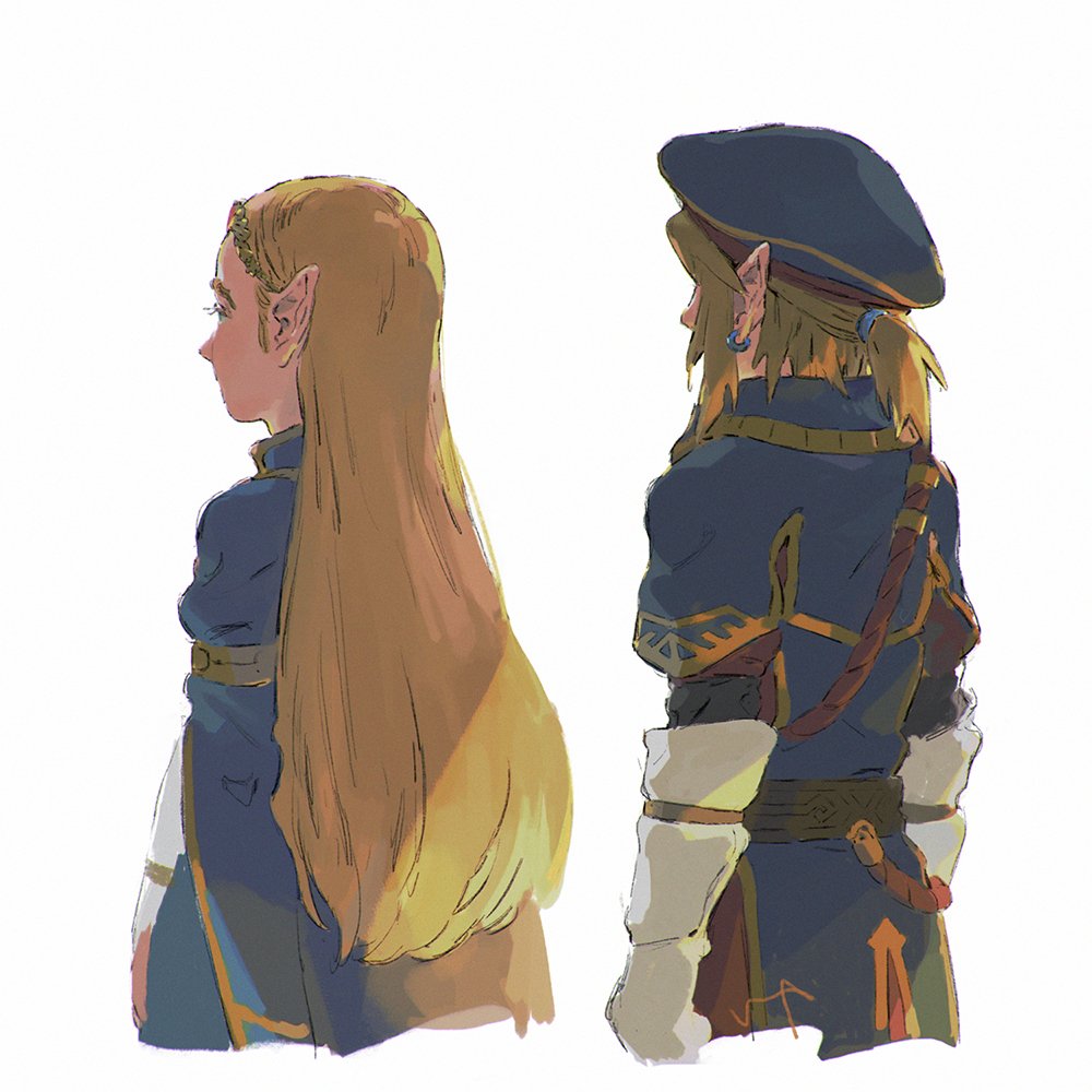 1boy 1girl cropped_torso earrings from_behind gloves jewelry link lip_(lih8) long_hair pointy_ears princess_zelda short_ponytail the_legend_of_zelda the_legend_of_zelda:_breath_of_the_wild very_long_hair white_background white_gloves