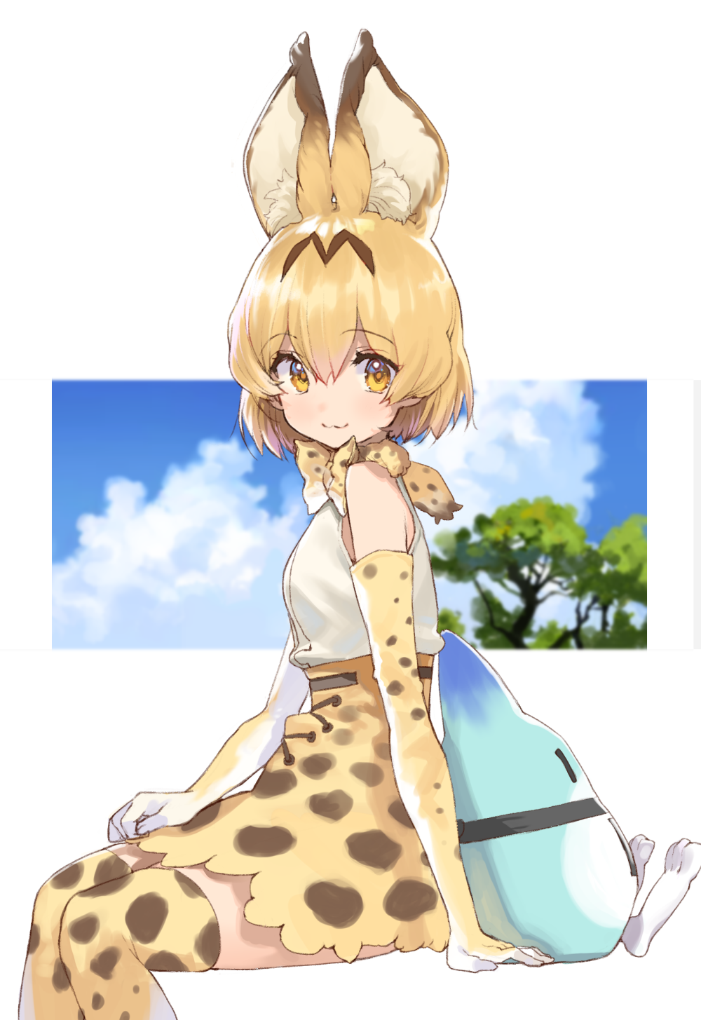 1girl :3 animal_ears back-to-back blonde_hair blue_sky bow bowtie clouds cloudy_sky commentary_request day elbow_gloves extra_ears eyebrows_visible_through_hair fur_collar gloves highres kanzarin_(hoochikiss) kemono_friends looking_at_viewer lucky_beast_(kemono_friends) outdoors serval_(kemono_friends) serval_ears serval_print serval_tail shirt short_hair sitting sky sleeveless sleeveless_shirt solo tail thigh-highs tree yellow_eyes