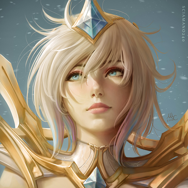 1girl 2018 artist_name bangs blonde_hair blue_eyes blue_hair closed_mouth commentary elementalist_lux english_commentary floating_hair gem gradient_hair hair_between_eyes league_of_legends light_elementalist_lux lips looking_away looking_up luxanna_crownguard multicolored_hair nose pink_hair portrait sciamano240 short_hair signature solo tiara