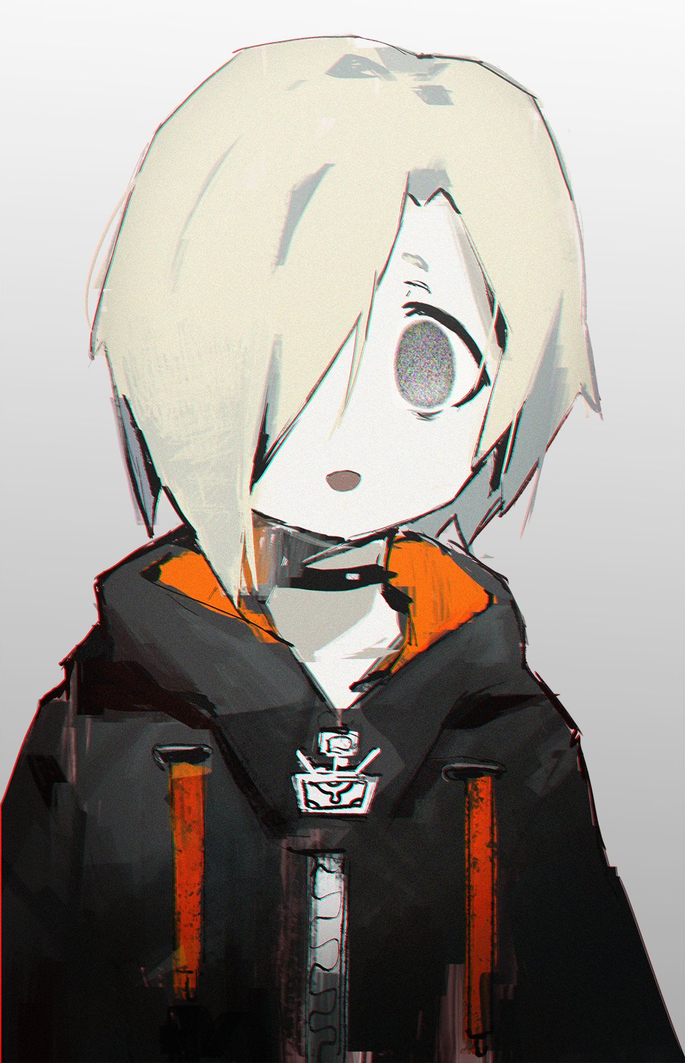 1girl :d black_choker black_hoodie blonde_hair choker commentary_request empty_eyes grey_background grey_eyes hair_over_one_eye highres hood hood_down hoodie idolmaster idolmaster_cinderella_girls looking_at_viewer one_eye_covered open_mouth shirasaka_koume short_hair simple_background smile solo spiked_choker spikes static waterkuma