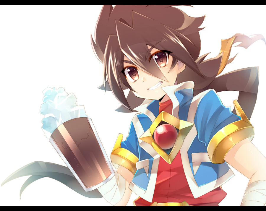 1boy bandage bandaged_arm blue_coat brown_eyes brown_hair cup drinking_glass grin holding holding_drinking_glass ice ichibanboshi_no_rei looking_at_viewer red_shirt rento_(rukeai) saikyou_ginga_ultimate_zero_~battle_spirits~ shirt short_sleeves simple_background smile solo spiky_hair white_background