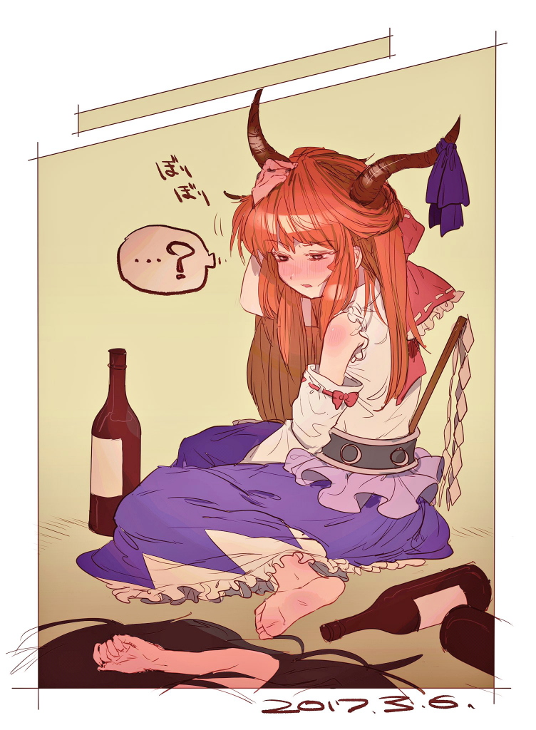 2girls ? arm_up barefoot bottle bow brown_eyes brown_hair detached_sleeves gohei hair_bow horn_bow horns ibuki_suika long_hair masanaga_(tsukasa) multiple_girls orange_hair purple_bow red_bow ribbon-trimmed_sleeves ribbon_trim sitting skirt solo_focus spoken_question_mark touhou