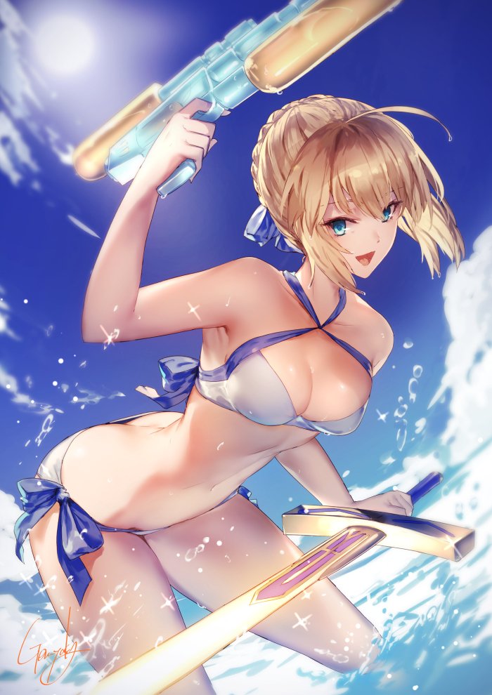 1girl ahoge artoria_pendragon_(all) bikini blonde_hair blue_sky braid breasts clouds cowboy_shot day excalibur fate/grand_order fate/stay_night fate_(series) fisheye green_eyes hair_bun kyouya_(mukuro238) looking_at_viewer medium_breasts outdoors saber side-tie_bikini sky solo swimsuit sword water water_gun weapon white_bikini