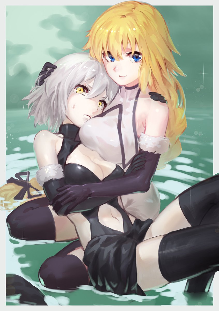 2girls bare_shoulders black_bow black_dress blonde_hair blue_eyes bow breasts cleavage detached_sleeves dress elbow_gloves fate/apocrypha fate/grand_order fate_(series) frown gloves hair_bow highres hug in_water jeanne_d'arc_(alter)_(fate) jeanne_d'arc_(fate) jeanne_d'arc_(fate)_(all) large_breasts long_hair looking_at_viewer lying lying_on_person lynchis multiple_girls navel_cutout on_back partially_submerged seiza short_hair silver_hair sitting smile thigh-highs very_long_hair water water_drop wet white_dress yellow_eyes yuri