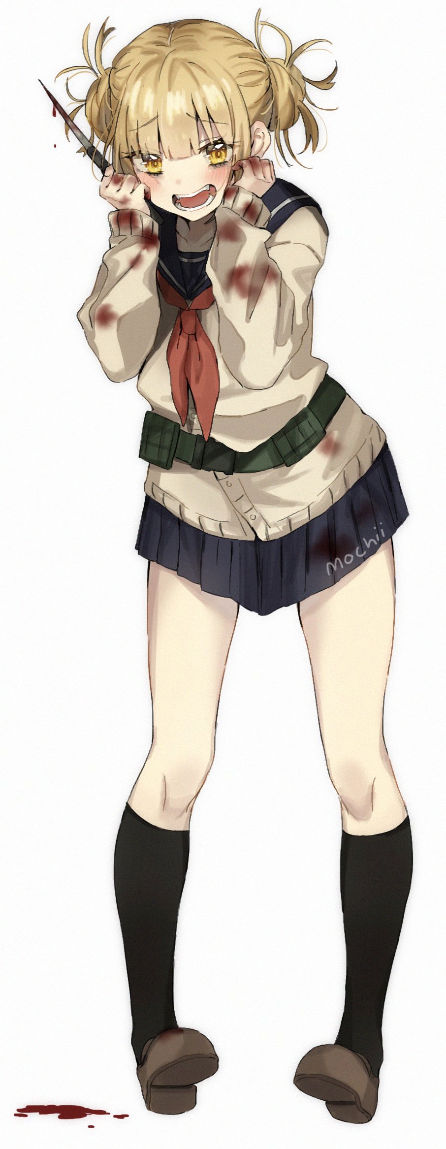 1girl artist_name bangs belt black_legwear blonde_hair blood bloody_clothes bloody_hands bloody_weapon blue_skirt blush boku_no_hero_academia brown_footwear cardigan commentary double_bun english_commentary eyebrows_visible_through_hair fangs full_body highres holding holding_knife holding_weapon kneehighs knife long_sleeves looking_at_viewer messy_hair mochii neckerchief open_mouth pleated_skirt red_neckwear school_uniform serafuku shoes short_hair simple_background skirt smile solo standing teeth toga_himiko weapon white_background yellow_eyes