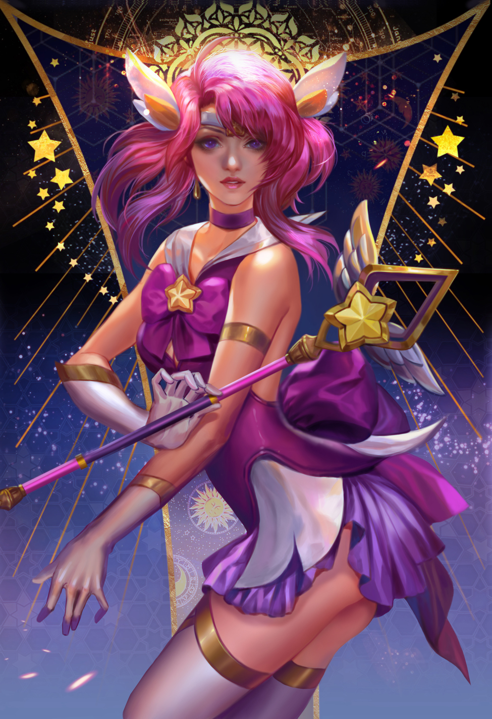 1girl alternate_costume armlet breasts choker cleavage_cutout commentary earrings elbow_gloves english_commentary facing_viewer gloves headgear highres jewelry league_of_legends lips looking_at_viewer luxanna_crownguard magical_girl nose pink_hair purple_choker sailor_collar solo star star_guardian_lux thigh-highs tiara violet_eyes wand white_gloves white_legwear yang_fan