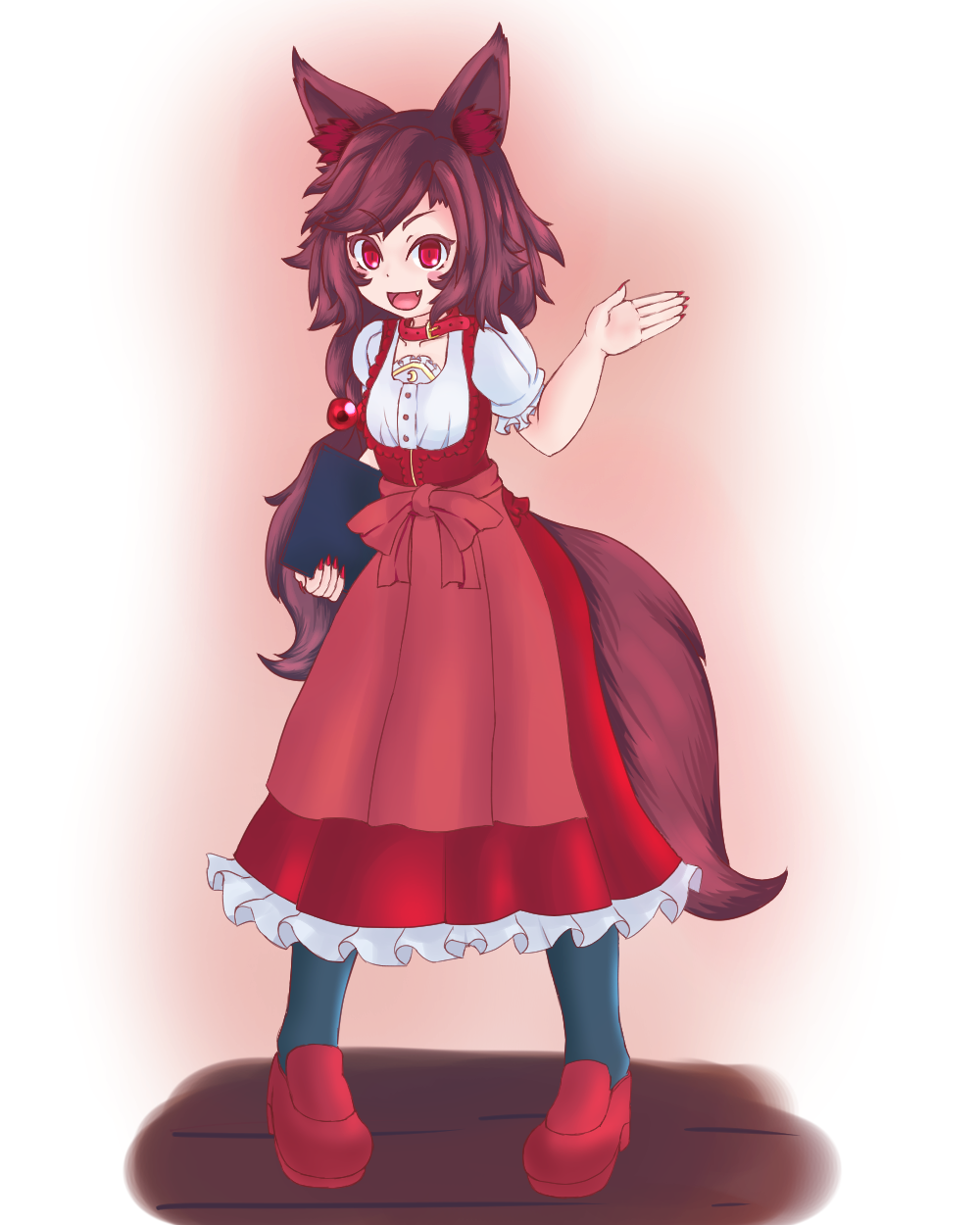 1girl :d alternate_costume alternate_hairstyle animal_ears brown_hair commentary_request dress fang frilled_dress frills full_body haruirokomici highres imaizumi_kagerou long_hair open_mouth puffy_short_sleeves puffy_sleeves red_eyes short_sleeves smile tail touhou waitress wolf_ears wolf_tail
