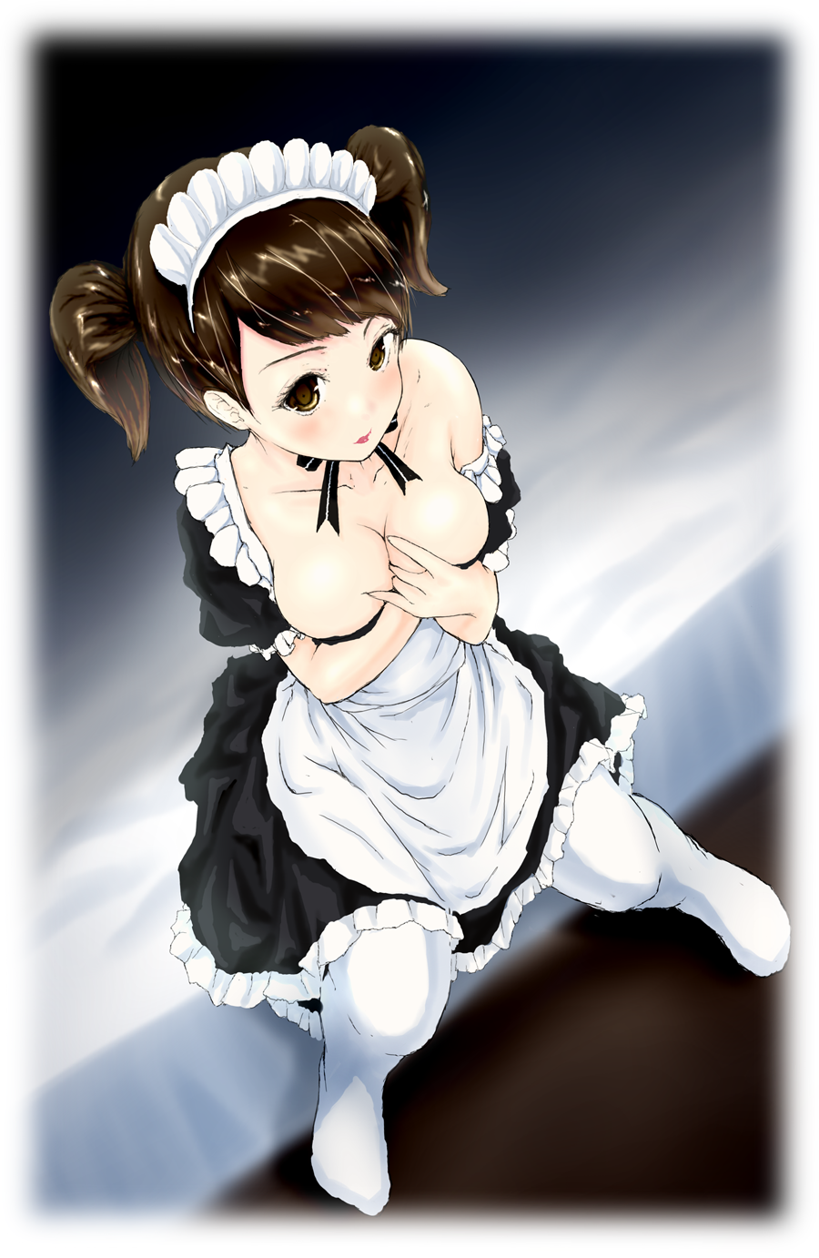 1girl apron bed black_ribbon black_skirt breasts brown_eyes brown_hair cleavage collarbone frilled_skirt frills from_above highres kawakami_sadayo long_hair maid maid_headdress medium_breasts neck_ribbon persona persona_5 ribbon short_hair sitting skirt solo twintails white_apron white_legwear