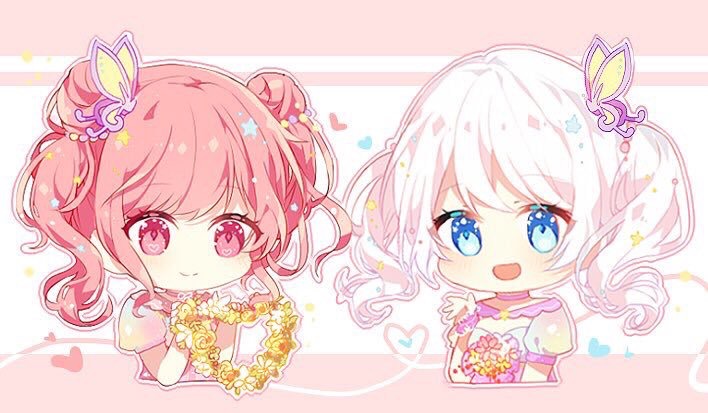 2girls :d alternate_hairstyle bang_dream! bangs blue_eyes bouquet butterfly_hair_ornament chibi cropped_torso double_bun flower hair_ornament hand_up heart holding jpeg_artifacts maruyama_aya multiple_girls open_mouth pink_eyes pink_hair short_sleeves smile taya_5323203 twintails upper_body wakamiya_eve white_hair