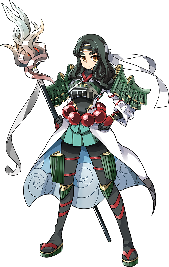 1girl armor artist_request beads black_legwear full_body green_hair hachimaki hand_on_hip headband holding holding_spear holding_weapon long_hair nanao_(oshiro_project) official_art oshiro_project oshiro_project_re pantyhose polearm prayer_beads solo spear thick_eyebrows transparent_background weapon yellow_eyes