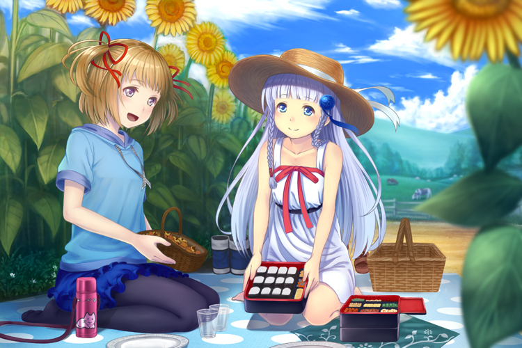 2girls black_legwear blue_eyes blue_hair blush brown_hair closed_mouth copyright_request day eyebrows_visible_through_hair flower hair_ribbon koko_(koko3) long_hair looking_at_another multiple_girls obentou official_art open_mouth outdoors pantyhose picnic picnic_basket red_ribbon ribbon seiza short_hair short_twintails sitting smile sunflower twintails violet_eyes