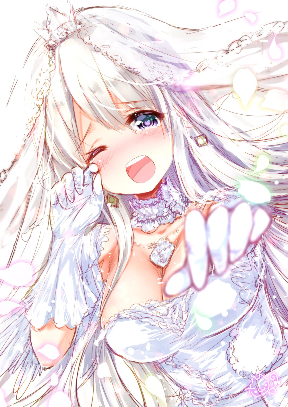 1girl azur_lane blush breasts bridal_veil cleavage commentary_request dress dutch_angle enterprise_(azur_lane) gloves heart heart-shaped_pupils highres jewelry large_breasts long_hair necklace one_eye_closed open_mouth outstretched_hand sawa_(sawasaku) silver_hair solo symbol-shaped_pupils tears veil violet_eyes wedding_dress white_dress white_gloves wiping_tears