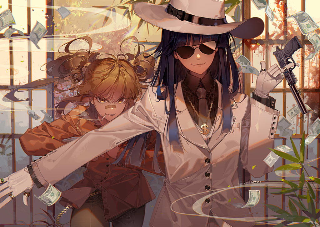 2girls artist_name bandaid bandaid_on_nose bangs blonde_hair blood blue_hair bow buttons chains cigarette commentary_request dollar_bill dollar_sign eyebrows_visible_through_hair formal gem gloves gold_chain gun gun_twirling handgun hat hat_bow hat_ribbon holding holding_gun holding_weapon jacket jewelry kawacy long_hair long_sleeves looking_at_viewer money multiple_girls necklace necktie orange_shirt outstretched_arm pants pipimi poptepipic popuko ribbon ring shirt sliding_doors smile smoke smoking suit sunglasses suppressor twintails v-shaped_eyebrows weapon weapon_request white_gloves white_hat white_jacket white_suit wing_collar yellow_eyes