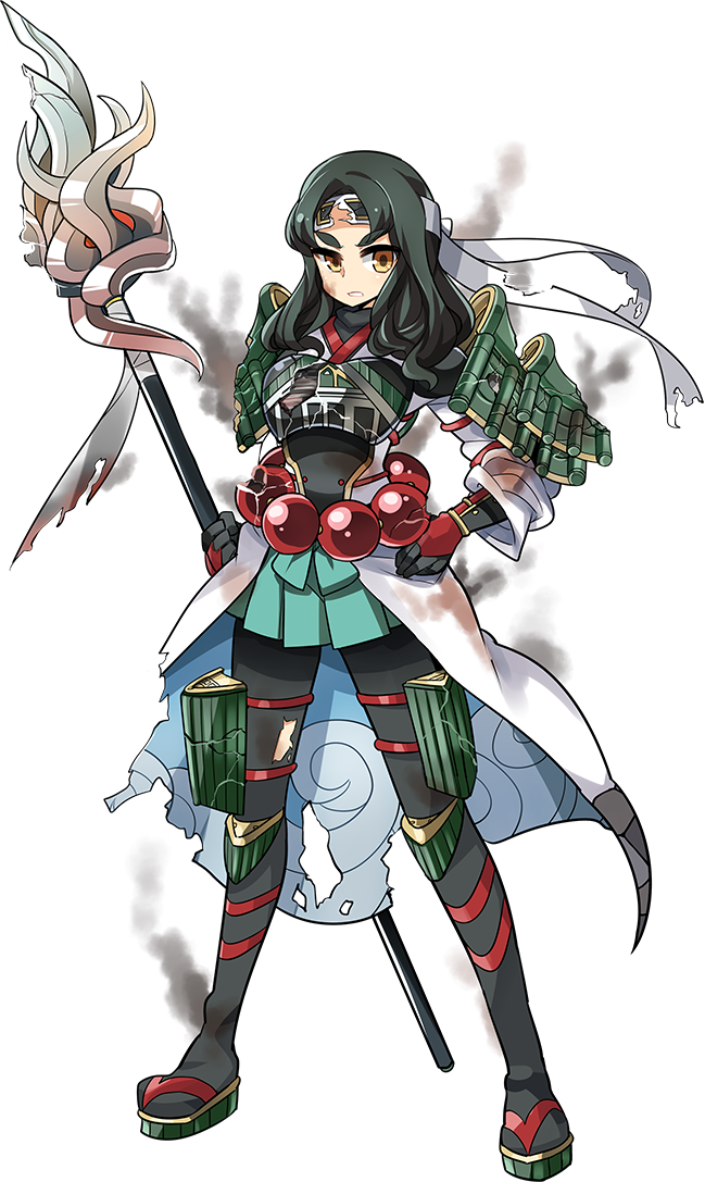 &gt;:( 1girl armor artist_request beads black_legwear frown full_body green_hair hachimaki hand_on_hip headband holding holding_spear holding_weapon long_hair nanao_(oshiro_project) official_art oshiro_project oshiro_project_re pantyhose polearm prayer_beads solo spear thick_eyebrows torn_clothes torn_hachimaki torn_pantyhose transparent_background v-shaped_eyebrows weapon yellow_eyes