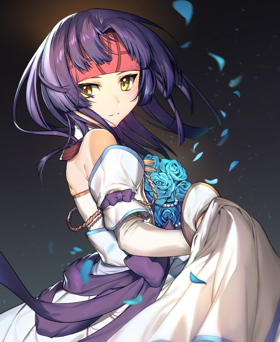 1girl arm_ribbon bare_shoulders blue_flower blue_rose bouquet detached_collar dress falling_petals fire_emblem fire_emblem:_akatsuki_no_megami fire_emblem:_souen_no_kiseki fire_emblem_heroes flower formal from_side gloves headband petals purple_hair ribbon rose sanaki_kirsch_altina shiny shiny_hair short_hair skirt_lifted_by_self smile solo strapless strapless_dress tdob_mk2 turning_head wedding_dress white_dress white_gloves yellow_eyes