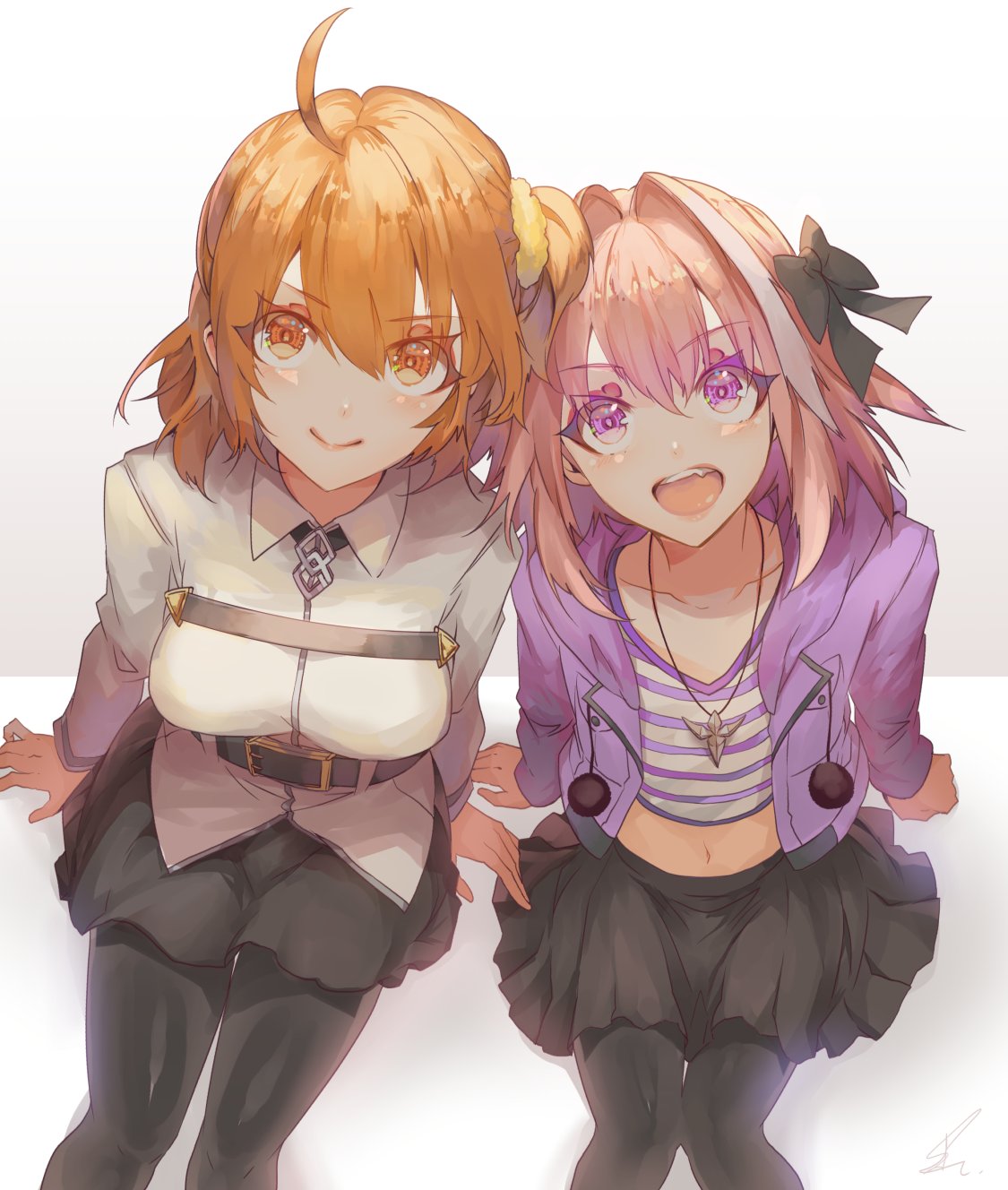 1boy 1girl ahoge astolfo_(fate) belt black_bow black_legwear black_ribbon black_skirt bow casual chaldea_uniform commentary_request crop_top fang fate/apocrypha fate/grand_order fate_(series) fujimaru_ritsuka_(female) hair_between_eyes hair_intakes hair_ornament hair_ribbon hair_scrunchie head_to_head highres jacket jewelry looking_at_viewer multicolored_hair necklace one_side_up open_mouth orange_eyes orange_hair otoko_no_ko pantyhose pink_hair purple_jacket ribbon saihate_(d3) scrunchie side_ponytail sitting skirt smile streaked_hair violet_eyes white_jacket