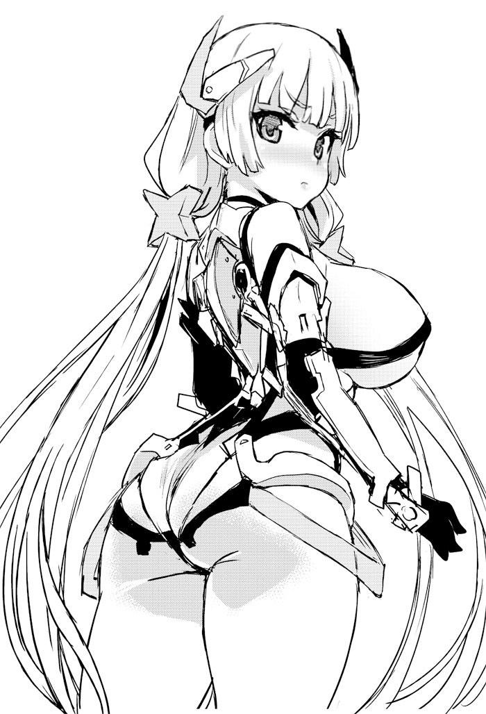 1girl angela_balzac asanagi ass bangs blunt_bangs blush bodysuit breasts closed_mouth cowboy_shot elbow_gloves eyebrows_visible_through_hair from_behind gloves greyscale headgear huge_breasts leotard long_hair looking_at_viewer looking_back low-tied_long_hair low_twintails monochrome rakuen_tsuihou simple_background standing twintails very_long_hair white_background