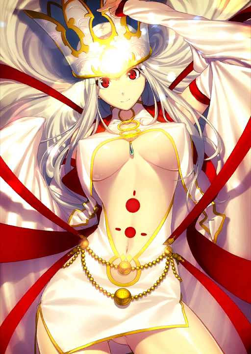 1girl arm_up ass_visible_through_thighs between_breasts breasts bridal_gauntlets closed_mouth contrapposto covered_nipples cowboy_shot crown detached_sleeves dress dress_of_heaven fate/grand_order fate_(series) hat high_collar irisviel_von_einzbern irisviel_von_einzbern_(caster) jewelry long_hair long_sleeves medium_breasts navel necklace official_art red_eyes red_ribbon ribbon shima_udon smile solo stomach very_long_hair white_dress white_hair white_hat