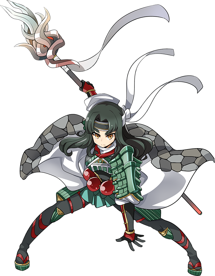 1girl armor artist_request beads black_legwear full_body green_hair hachimaki hand_on_hip headband holding holding_spear holding_weapon long_hair nanao_(oshiro_project) official_art oshiro_project oshiro_project_re pantyhose polearm prayer_beads solo spear thick_eyebrows transparent_background weapon yellow_eyes