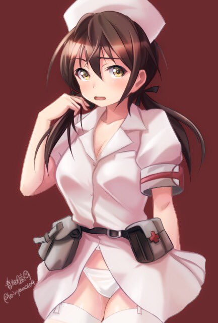 1girl alternate_costume arm_behind_back artist_name bangs belt belt_pouch black_belt black_ribbon breasts brown_background brown_eyes brown_hair cleavage commentary_request cowboy_shot dress gertrud_barkhorn hair_ribbon hand_in_hair haruhata_mutsuki hat long_hair looking_at_viewer medium_breasts nurse nurse_cap open_clothes open_dress panties pink_dress pink_hat ribbon short_sleeves signature solo strike_witches thigh-highs twintails twitter_username underwear white_legwear white_panties world_witches_series