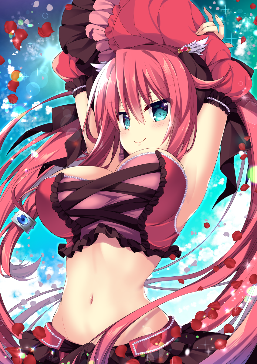 &gt;:&gt; 1girl armpits belly blue_eyes blush breasts character_request cleavage commentary_request detached_sleeves eyebrows_visible_through_hair hair_between_eyes hair_ornament hands_above_head highres large_breasts light_rays looking_at_viewer naval outdoors petals redhead ringo_sui skirt smile smug solo twintails