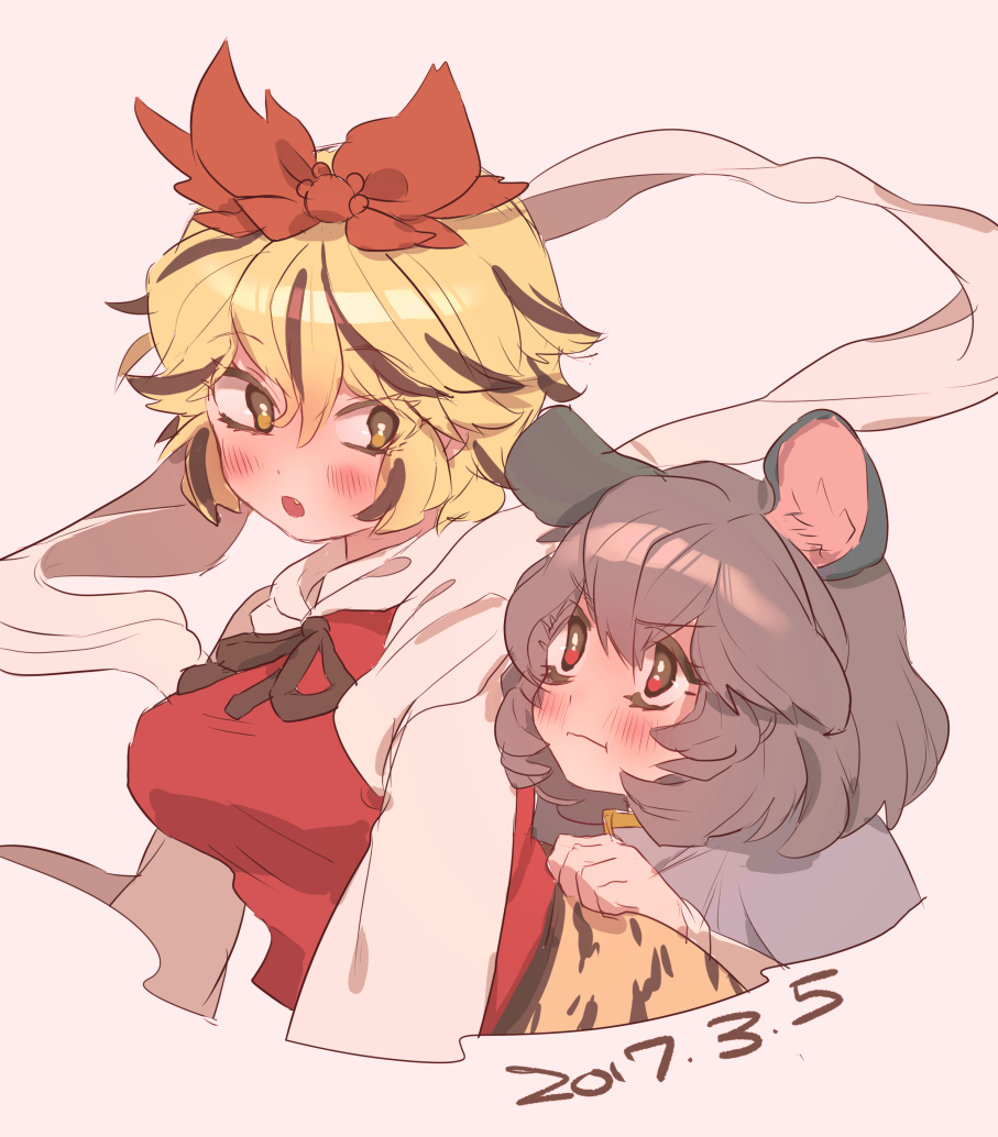 2girls animal_ears bangs blonde_hair blush breasts brown_ribbon closed_mouth dated eyebrows_visible_through_hair fang grey_hair masanaga_(tsukasa) medium_breasts mouse_ears multicolored_hair multiple_girls open_mouth red_eyes ribbon shawl short_hair simple_background streaked_hair touhou