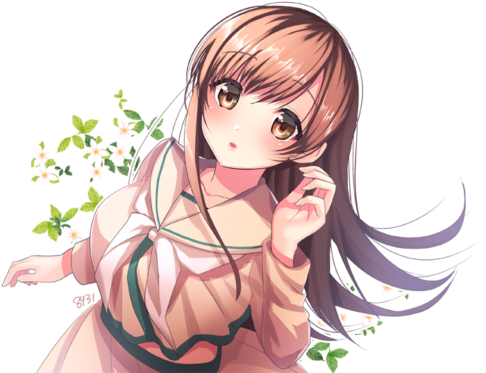 1girl bangs blush brown_eyes brown_hair collarbone commentary crop_top crop_top_overhang dutch_angle eyebrows_visible_through_hair floral_background flower from_above hakusai_ponzu hand_up kantai_collection leaf long_hair long_sleeves looking_at_viewer looking_up neckerchief ooi_(kantai_collection) parted_lips pink_lips remodel_(kantai_collection) school_uniform serafuku solo white_background white_flower white_neckwear wind