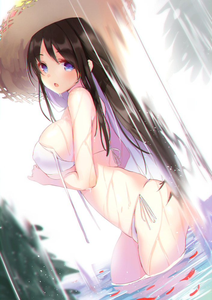 1girl amahara_pekozaemon bare_shoulders bikini black_hair blue_eyes blurry blush breast_hold breasts commentary_request contrapposto covered_nipples depth_of_field dutch_angle from_side hat head_tilt huge_breasts long_hair looking_at_viewer looking_to_the_side original outdoors parted_lips petals petals_on_liquid side-tie_bikini sideboob sidelocks skindentation solo straw_hat string_bikini swimsuit untied untied_bikini wading water waterfall wet white_bikini