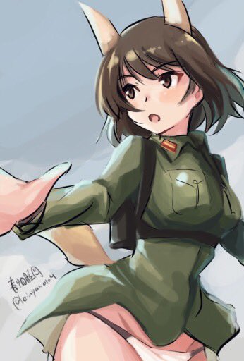 1girl animal_ears artist_name backpack bag bangs black_eyes black_hair commentary_request cowboy_shot eyebrows_visible_through_hair green_jacket haruhata_mutsuki jacket katou_takeko long_sleeves looking_to_the_side military military_uniform no_pants open_mouth outstretched_arms panties short_hair signature solo spread_arms standing tail twitter_username underwear uniform white_panties world_witches_series