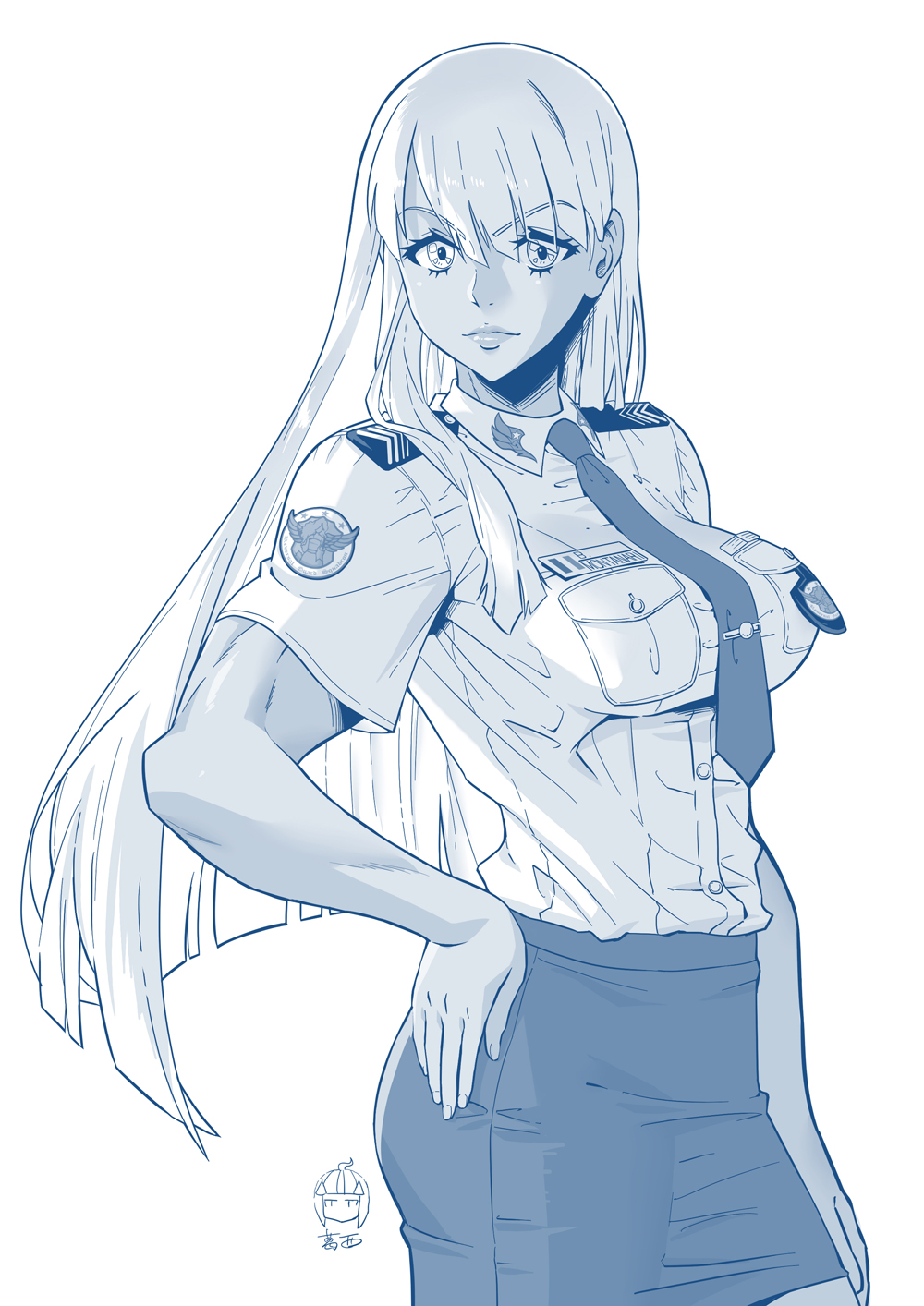 1girl becky_montanari breasts commentary_request ge_xi highres italian_flag large_breasts levasol_defense_corps long_hair monochrome muscle muscular_female name_tag necktie original police police_uniform policewoman solo uniform very_long_hair witches_in_7th_base