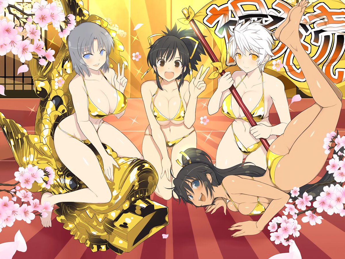 4girls :d aqua_eyes ass asuka_(senran_kagura) black_hair blue_eyes blue_hair breasts brown_eyes cleavage flag flower gold gold_bikini hair_ribbon homura_(senran_kagura) large_breasts long_hair looking_at_viewer miyabi_(senran_kagura) multiple_girls navel official_art open_mouth ponytail ribbon senran_kagura_(series) senran_kagura_new_link short_hair short_ponytail sitting smile swimsuit tan v white_hair yaegashi_nan yellow_eyes yumi_(senran_kagura)