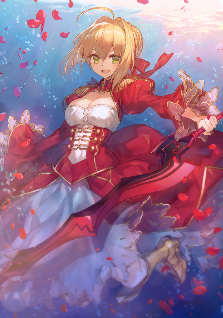 1girl :d aestus_estus ahoge blonde_hair blue_background bow braid chocoan dress fate/extra fate_(series) french_braid frills green_eyes hair_bow hair_bun holding holding_sword holding_weapon juliet_sleeves layered_dress long_sleeves looking_at_viewer nero_claudius_(fate) nero_claudius_(fate)_(all) open_mouth petals puffy_sleeves red_bow red_dress rose_petals short_hair smile solo sword weapon