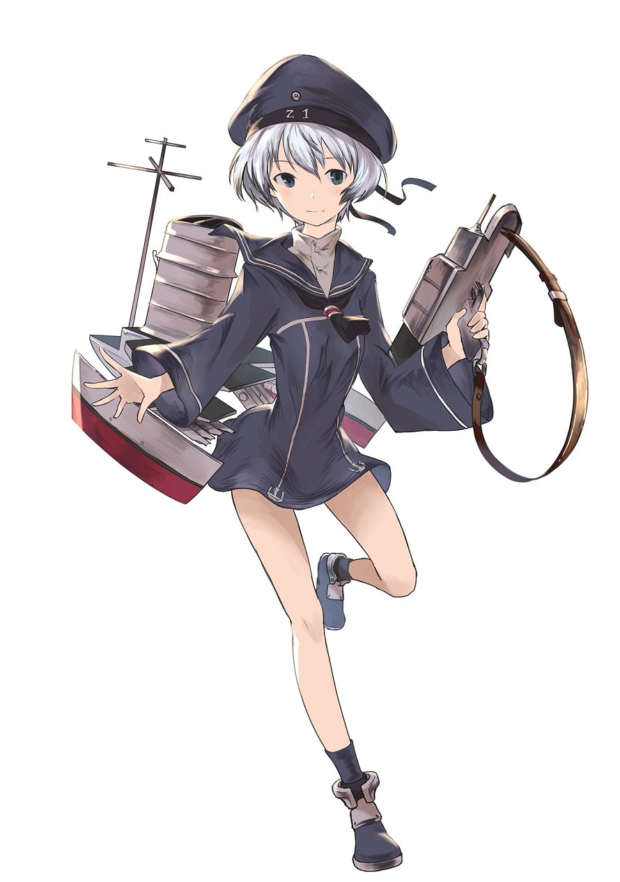 1girl ankle_socks beret boots cannon dress full_body green_eyes hat highres kantai_collection long_sleeves looking_at_viewer machinery narotake outstretched_hand sailor_dress short_hair simple_background solo standing standing_on_one_leg torpedo trigger_discipline turtleneck white_background white_hair wide_sleeves z1_leberecht_maass_(kantai_collection)