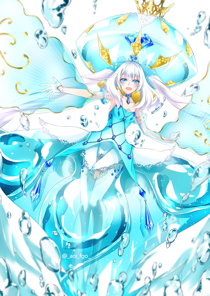 1girl :d alternate_costume blue blue_dress blue_eyes blue_legwear choker crown detached_sleeves diamond dress fate/grand_order fate_(series) gem gloves long_hair looking_at_viewer marie_antoinette_(fate/grand_order) marie_antoinette_(swimsuit_caster)_(fate) open_mouth see-through shino-o simple_background smile solo thigh-highs twintails twitter_username water white_background white_gloves white_hair