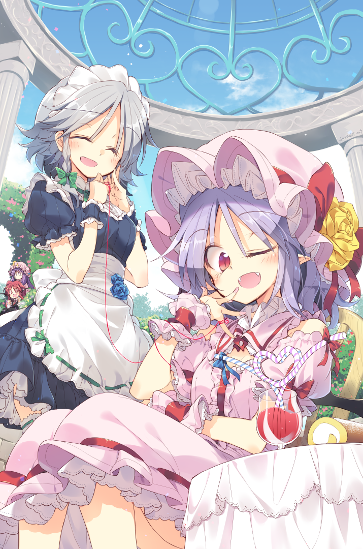 4girls apron blue_sky braid cake chair cleavage_cutout closed_eyes commentary_request crescent crescent_hair_ornament cup drinking_glass drinking_straw flower food gazebo hair_ornament hair_ribbon hand_on_own_cheek hat hat_flower hat_ribbon head_wings heart_shape izayoi_sakuya koakuma lavender_hair long_hair maid maid_apron maid_headdress mob_cap multiple_girls necktie one_eye_closed open_mouth outdoors patchouli_knowledge pointy_ears purple_hair red_eyes red_string redhead remilia_scarlet ribbon satou_kibi short_sleeves silver_hair sitting sky smile standing string swiss_roll table touhou vest wine_glass wrist_cuffs