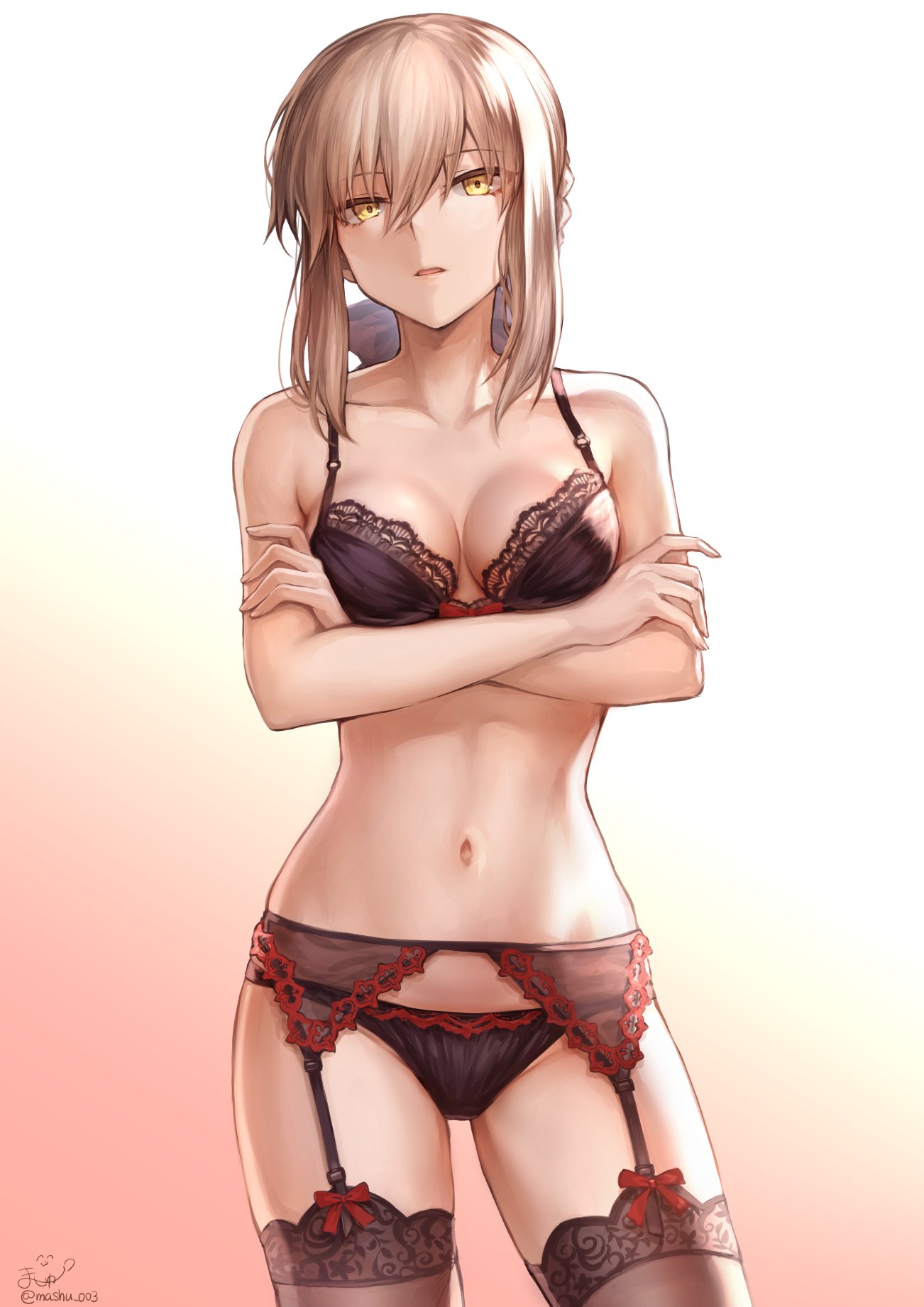 1girl artoria_pendragon_(all) black_panties blonde_hair blue_bow bow bra braid breasts cleavage crossed_arms fate/grand_order fate_(series) french_braid garter_belt hair_bun hair_intakes highres lace lace_bra lingerie looking_at_viewer mashu_003 medium_breasts navel panties red_bow saber_alter signature solo stomach thigh-highs underwear yellow_eyes