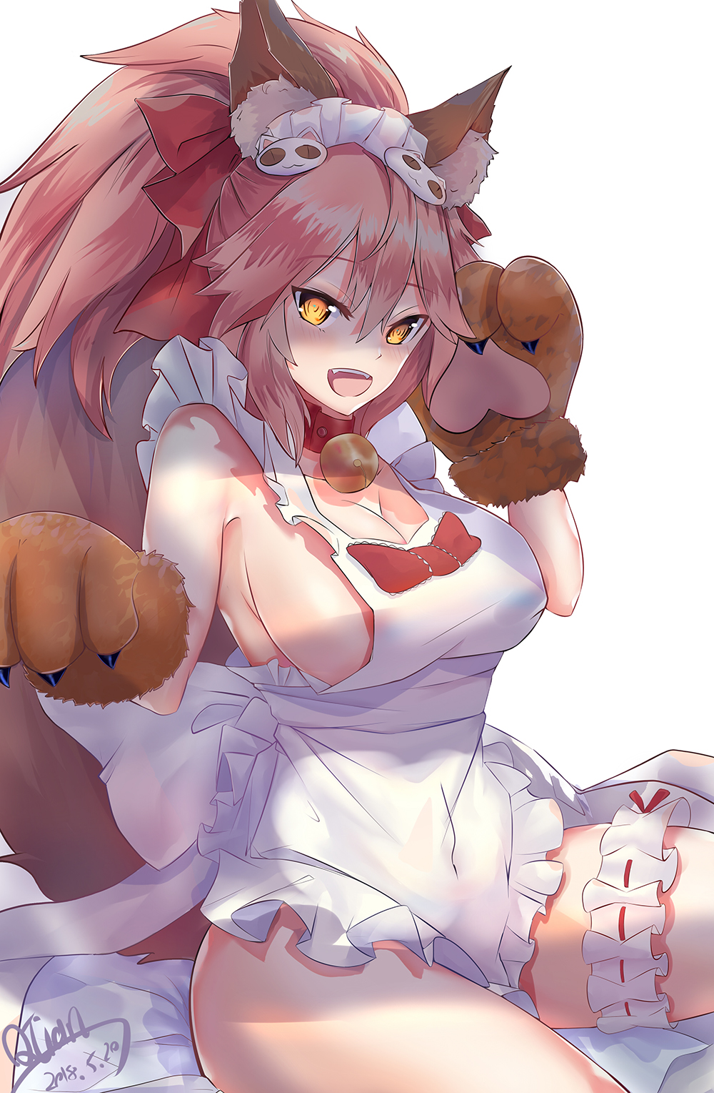 1girl animal_ears apron bell bell_collar blush breasts cat_hair_ornament cat_paws cleavage collar fangs fate/grand_order fate_(series) fox_ears fox_tail gloves hair_ornament highres jingle_bell large_breasts lm520lm520 long_hair looking_at_viewer maid_headdress naked_apron open_mouth paw_gloves paws pink_hair ponytail shaded_face sideboob simple_background solo tail tamamo_(fate)_(all) tamamo_cat_(fate) white_background