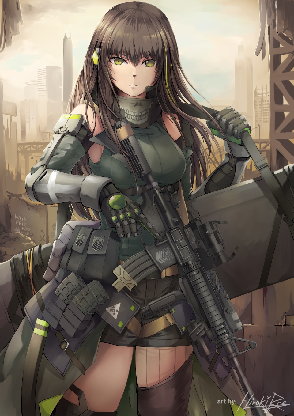 1girl arm_strap armor armpits assault_rifle asymmetrical_legwear bandanna bangs brown_eyes brown_hair case closed_mouth clothes_around_waist collarbone cowboy_shot detached_sleeves digi-mind_update_(girls_frontline) elbow_pads eyebrows_visible_through_hair gauntlets girls_frontline gloves gun hair_between_eyes hand_in_hair headset highres hiroki_ree holding holding_gun holding_strap holding_weapon jacket_around_waist long_hair looking_at_viewer m4_carbine m4a1_(girls_frontline) magazine_(weapon) multicolored_hair pouch ribbed_legwear ribbed_sweater rifle scope sidelocks signature simple_background single_thighhigh skindentation solo strap streaked_hair sweater sweater_vest thigh-highs thigh_strap thighs weapon weapon_case white_background wind wind_lift